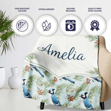 Blue Jay Bird Watercolor Branch Artistic Nature Background Design  Personalised Custom Name Super Soft Fleece Blanket Bed Sofa Throw
