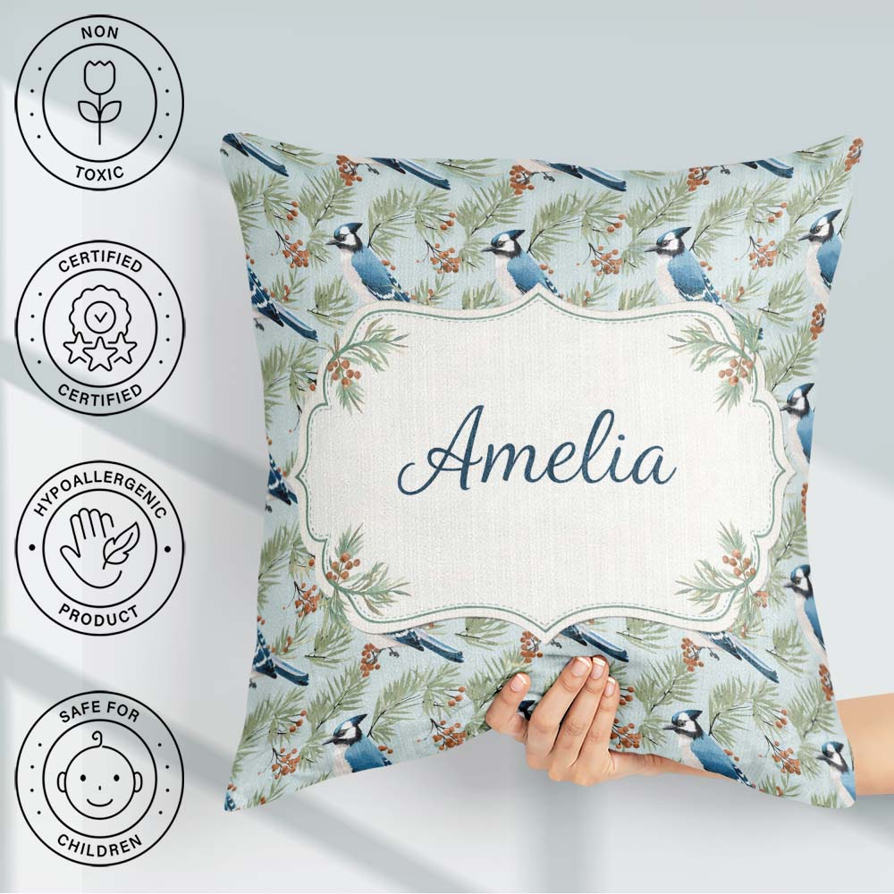 Custom Name Blue Bird Watercolor Branch Nature Background Design Square Filled Cushion Throw Pillow Sofa Bed Home Decor Zip Washable UK Made