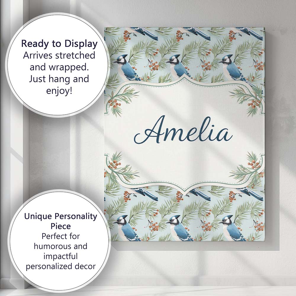 Personalised Name Blue Jay Bird Watercolor Branch Artistic Nature Custom  Bespoke Canvas Wall Art Print Decor Picture Ready to Hang