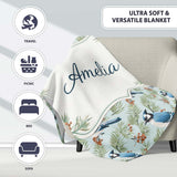 Blue Jay Bird Watercolor Branch Artistic Nature Background Design  Personalised Custom Name Super Soft Fleece Blanket Bed Sofa Throw