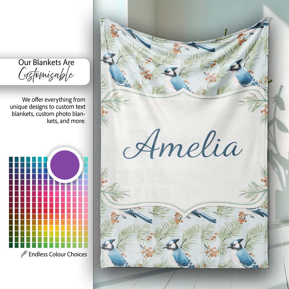 Blue Jay Bird Watercolor Branch Artistic Nature Background Design  Personalised Custom Name Super Soft Fleece Blanket Bed Sofa Throw