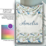 Blue Jay Bird Watercolor Branch Artistic Nature Background Design  Personalised Custom Name Super Soft Fleece Blanket Bed Sofa Throw
