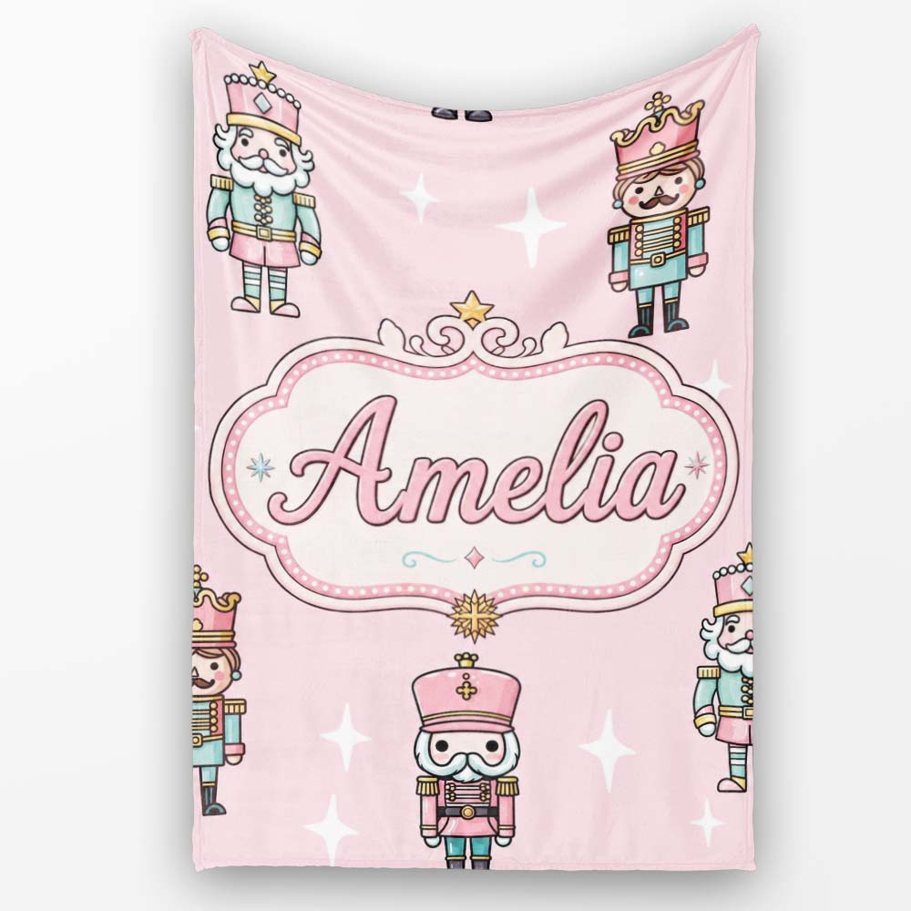 Cute Nutcracker Soldiers Christmas Toy Characters Pattern Soft Pink  Personalised Custom Name Super Soft Fleece Blanket Bed Sofa Throw