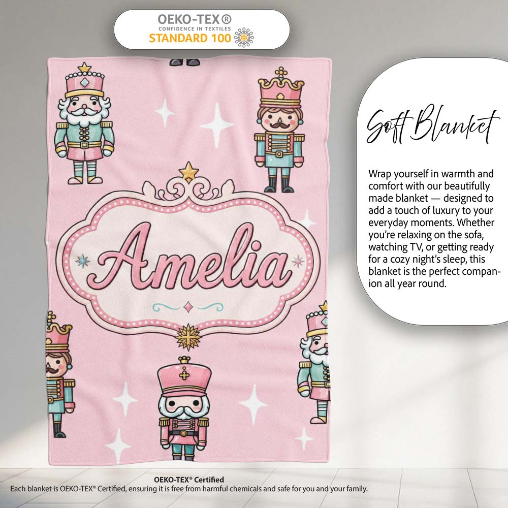Cute Nutcracker Soldiers Christmas Toy Characters Pattern Soft Pink  Personalised Custom Name Super Soft Fleece Blanket Bed Sofa Throw