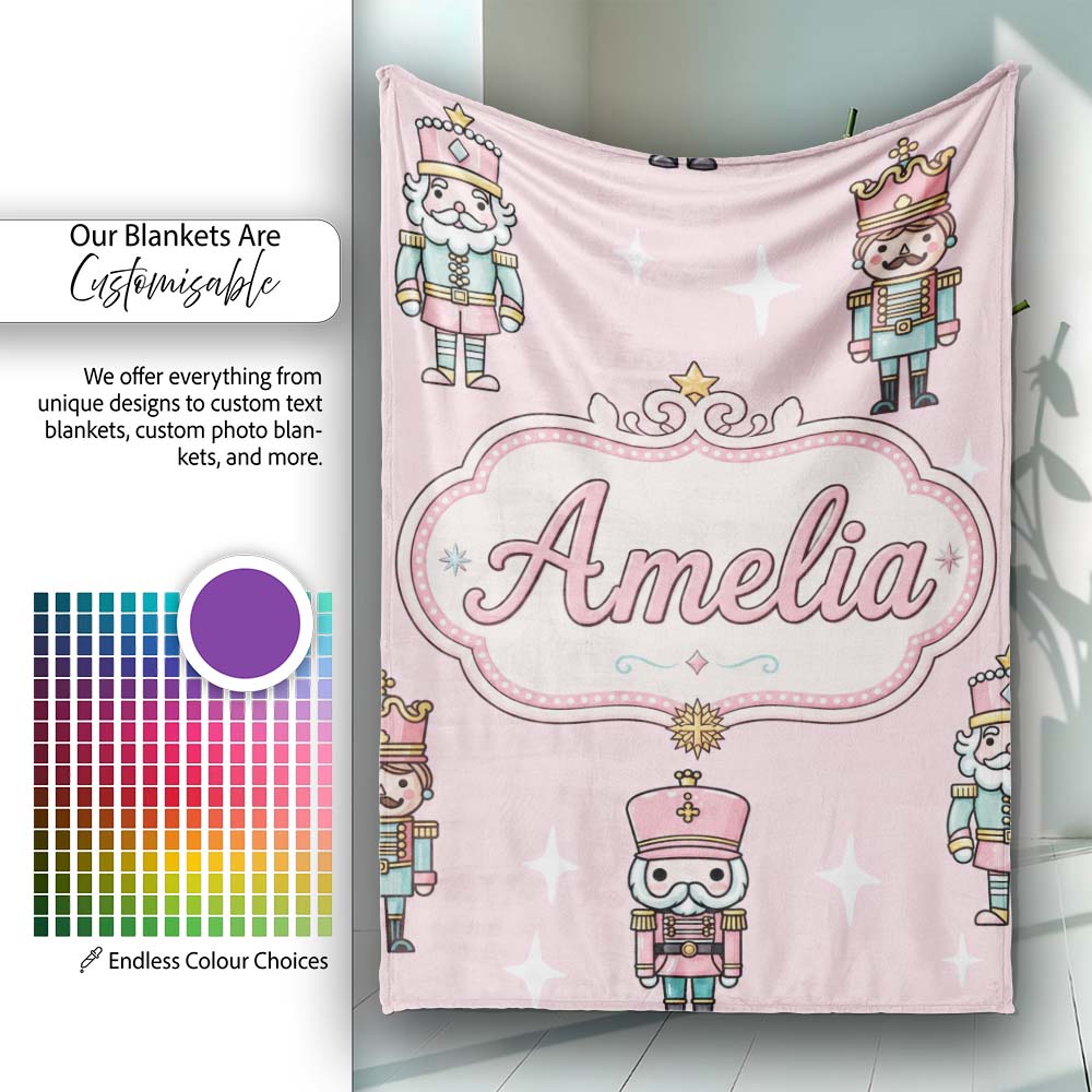 Cute Nutcracker Soldiers Christmas Toy Characters Pattern Soft Pink  Personalised Custom Name Super Soft Fleece Blanket Bed Sofa Throw