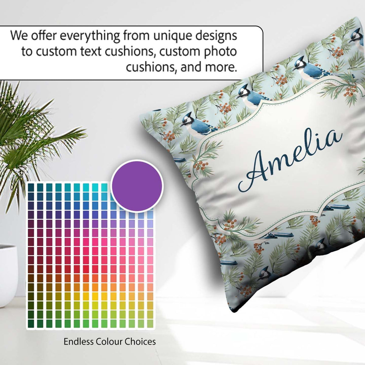 Custom Name Blue Bird Watercolor Branch Nature Background Design Square Filled Cushion Throw Pillow Sofa Bed Home Decor Zip Washable UK Made