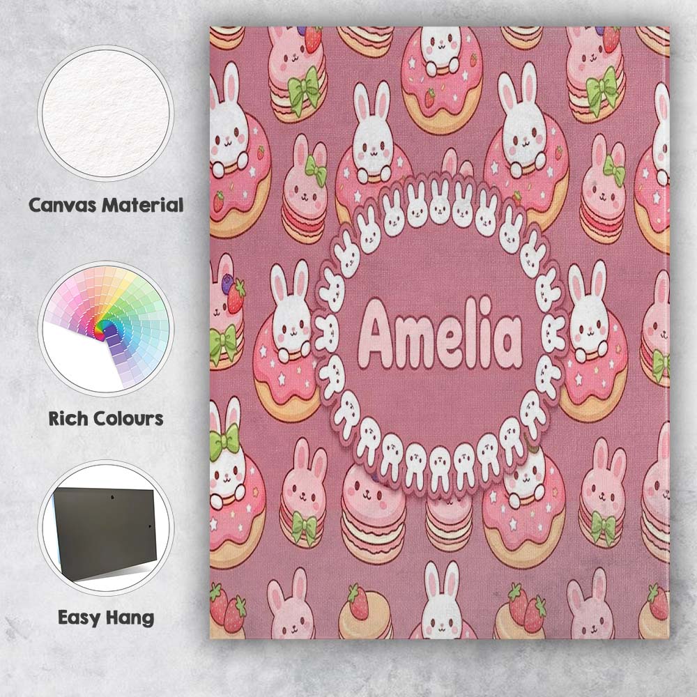 Personalised Name Cute Kawaii Bunny Donuts Custom  Unique Gift Idea Elegant Feature Canvas Wall Art Print Decor Picture Ready to Hang