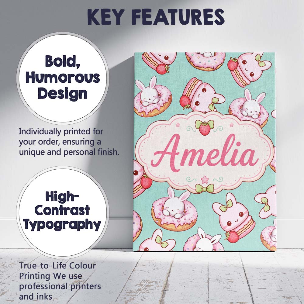 Personalised Name Cute Kawaii Bunny Donuts Custom  Unique Gift Idea Elegant Feature Canvas Wall Art Print Decor Picture Ready to Hang