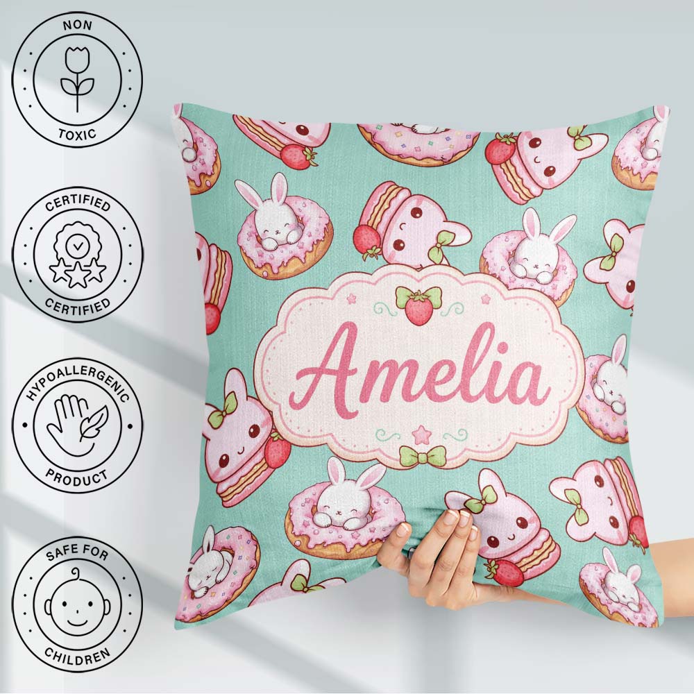Custom Name Kawaii Bunny Donuts Strawberry Dessert Seamless Teal Square Filled Cushion Throw Pillow Sofa Bed Home Decor Zip Washable UK Made