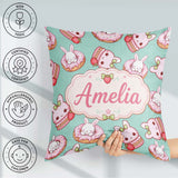 Custom Name Kawaii Bunny Donuts Strawberry Dessert Seamless Teal Square Filled Cushion Throw Pillow Sofa Bed Home Decor Zip Washable UK Made