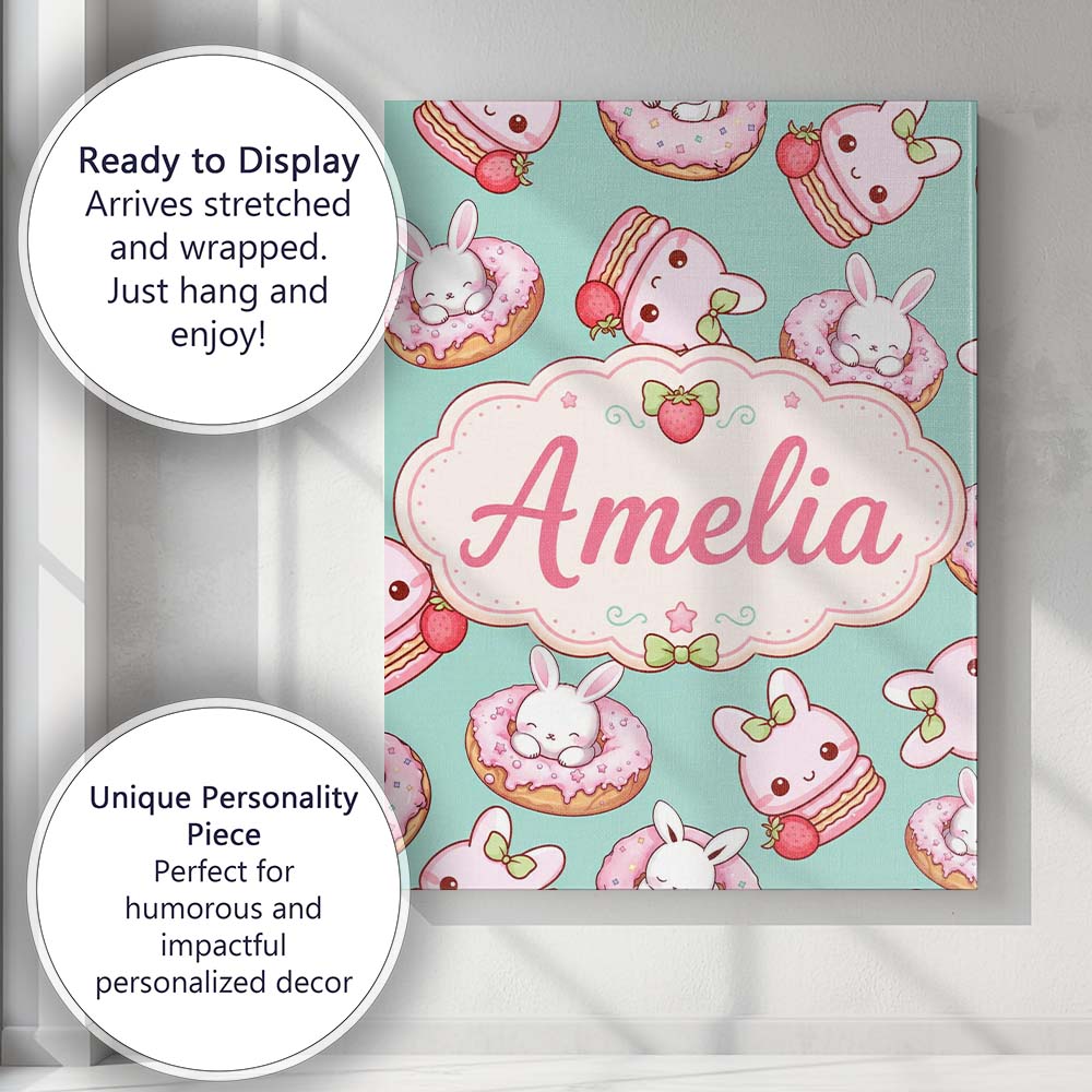 Personalised Name Cute Kawaii Bunny Donuts Custom  Unique Gift Idea Elegant Feature Canvas Wall Art Print Decor Picture Ready to Hang