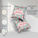 Custom Name Kawaii Bunny Donuts Strawberry Dessert Seamless Teal Square Filled Cushion Throw Pillow Sofa Bed Home Decor Zip Washable UK Made