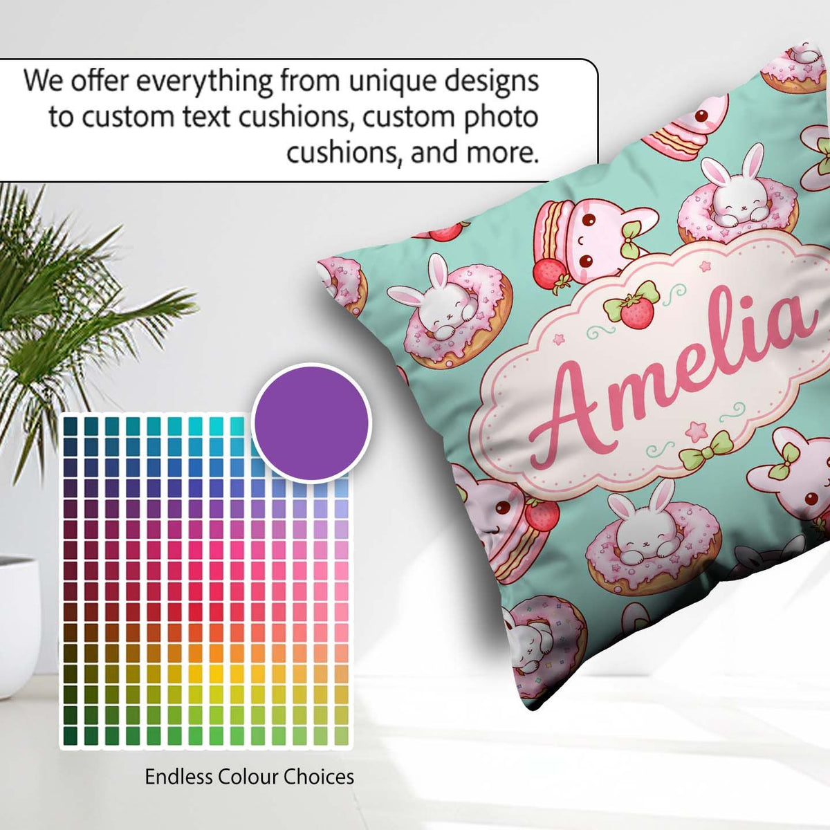 Custom Name Kawaii Bunny Donuts Strawberry Dessert Seamless Teal Square Filled Cushion Throw Pillow Sofa Bed Home Decor Zip Washable UK Made