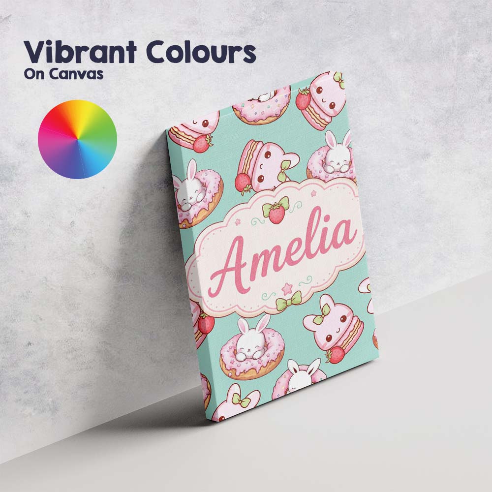 Personalised Name Cute Kawaii Bunny Donuts Custom  Unique Gift Idea Elegant Feature Canvas Wall Art Print Decor Picture Ready to Hang