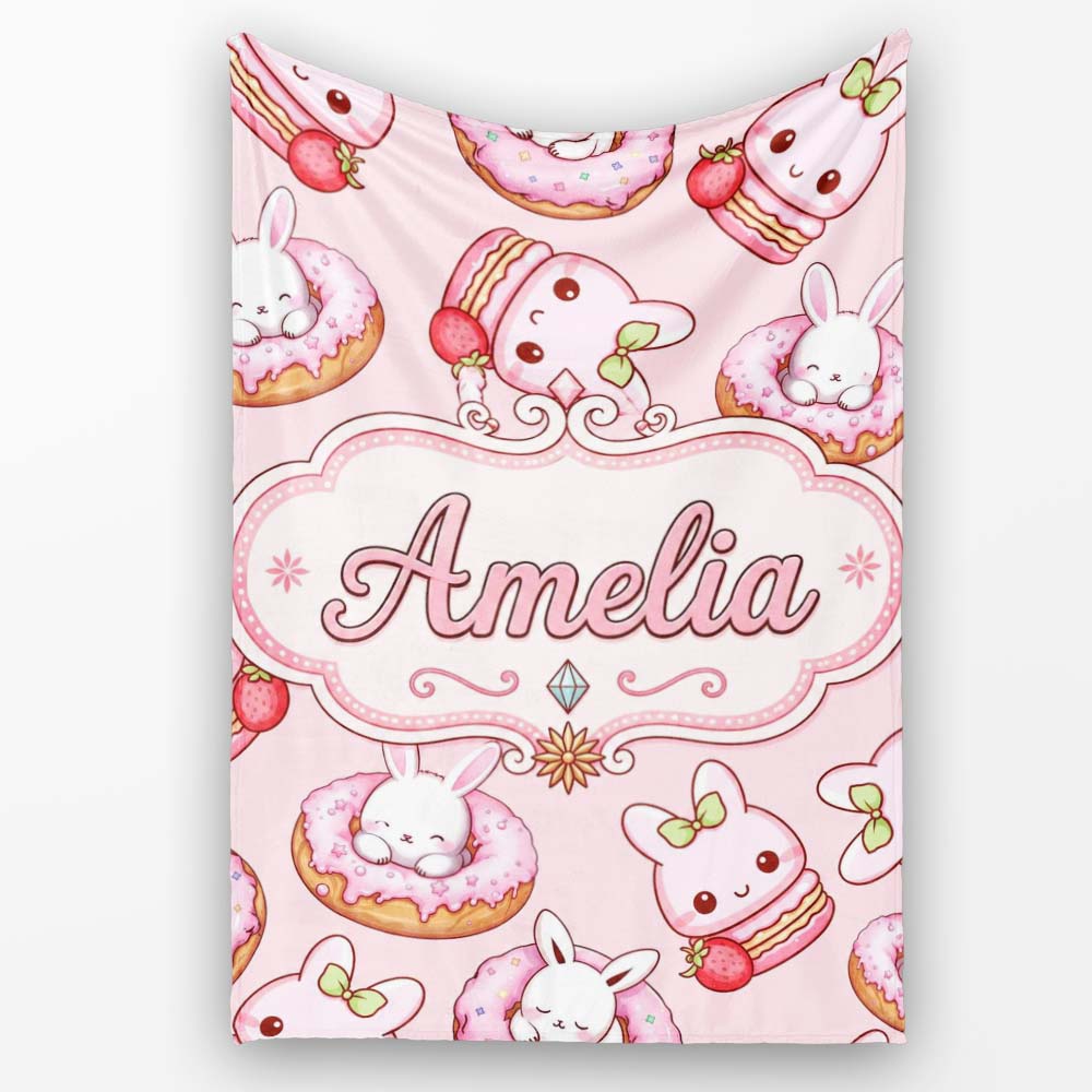Cute Kawaii Bunny Donuts Strawberry Dessert Pattern Blush Pink  Personalised Custom Name Super Soft Fleece Blanket Bed Sofa Throw