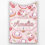 Cute Kawaii Bunny Donuts Strawberry Dessert Pattern Blush Pink  Personalised Custom Name Super Soft Fleece Blanket Bed Sofa Throw