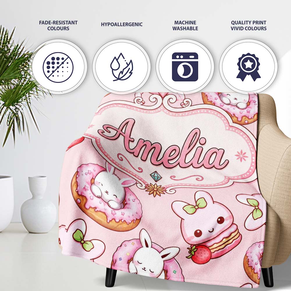 Cute Kawaii Bunny Donuts Strawberry Dessert Pattern Blush Pink  Personalised Custom Name Super Soft Fleece Blanket Bed Sofa Throw