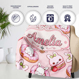 Cute Kawaii Bunny Donuts Strawberry Dessert Pattern Blush Pink  Personalised Custom Name Super Soft Fleece Blanket Bed Sofa Throw