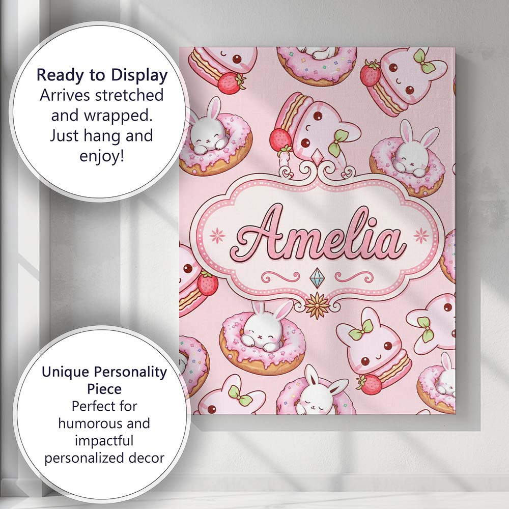 Personalised Name Cute Kawaii Bunny Donuts Custom  Unique Gift Idea Elegant Feature Canvas Wall Art Print Decor Picture Ready to Hang