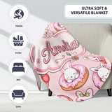 Cute Kawaii Bunny Donuts Strawberry Dessert Pattern Blush Pink  Personalised Custom Name Super Soft Fleece Blanket Bed Sofa Throw