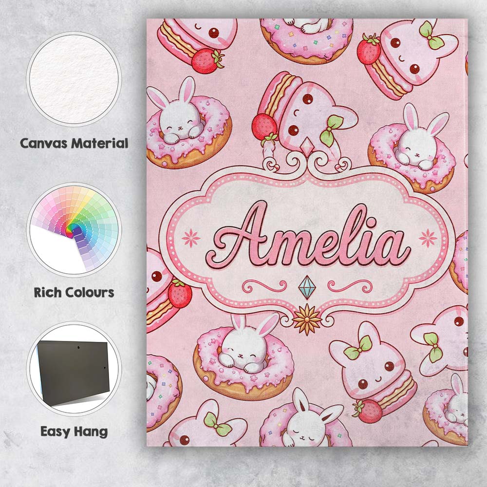 Personalised Name Cute Kawaii Bunny Donuts Custom  Unique Gift Idea Elegant Feature Canvas Wall Art Print Decor Picture Ready to Hang