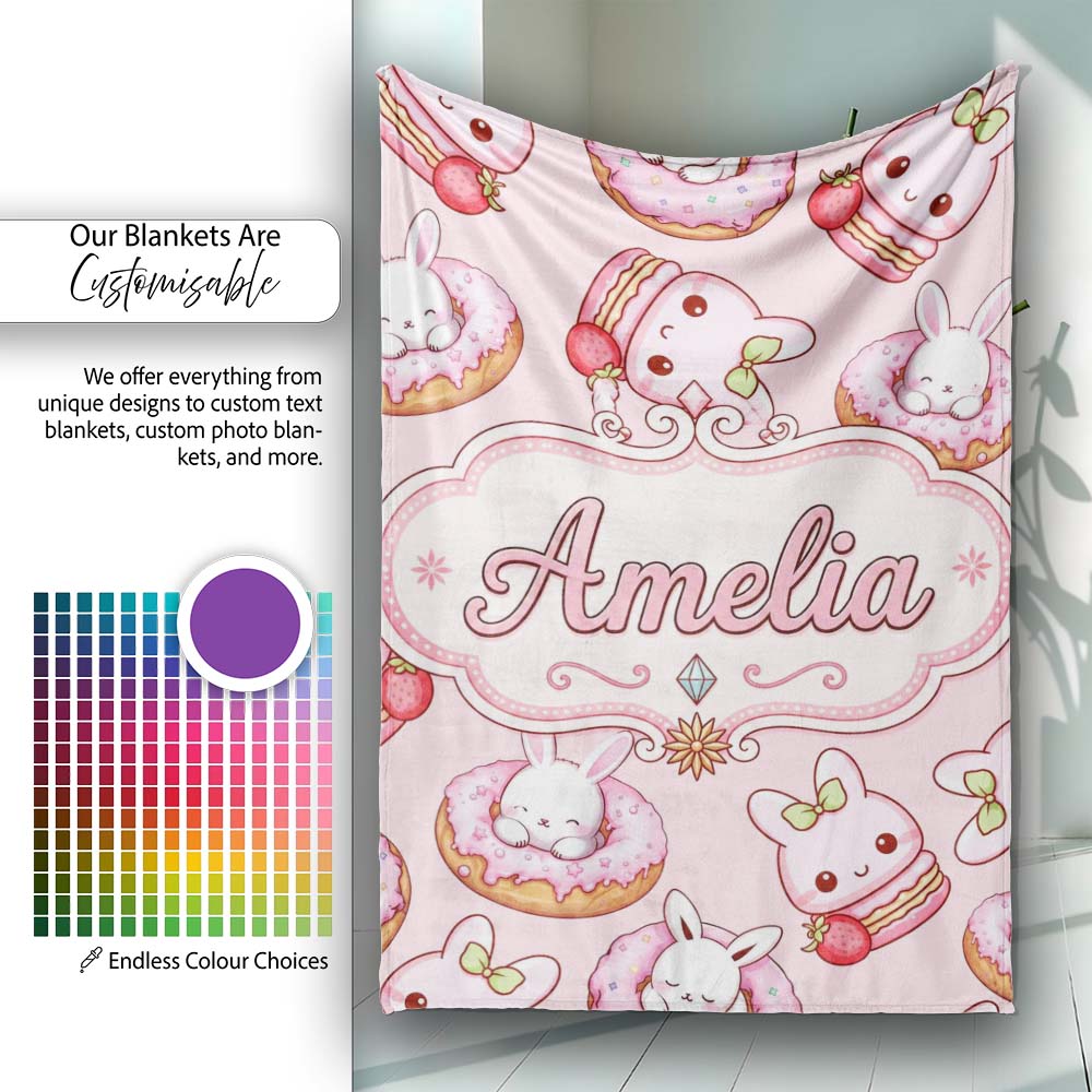 Cute Kawaii Bunny Donuts Strawberry Dessert Pattern Blush Pink  Personalised Custom Name Super Soft Fleece Blanket Bed Sofa Throw