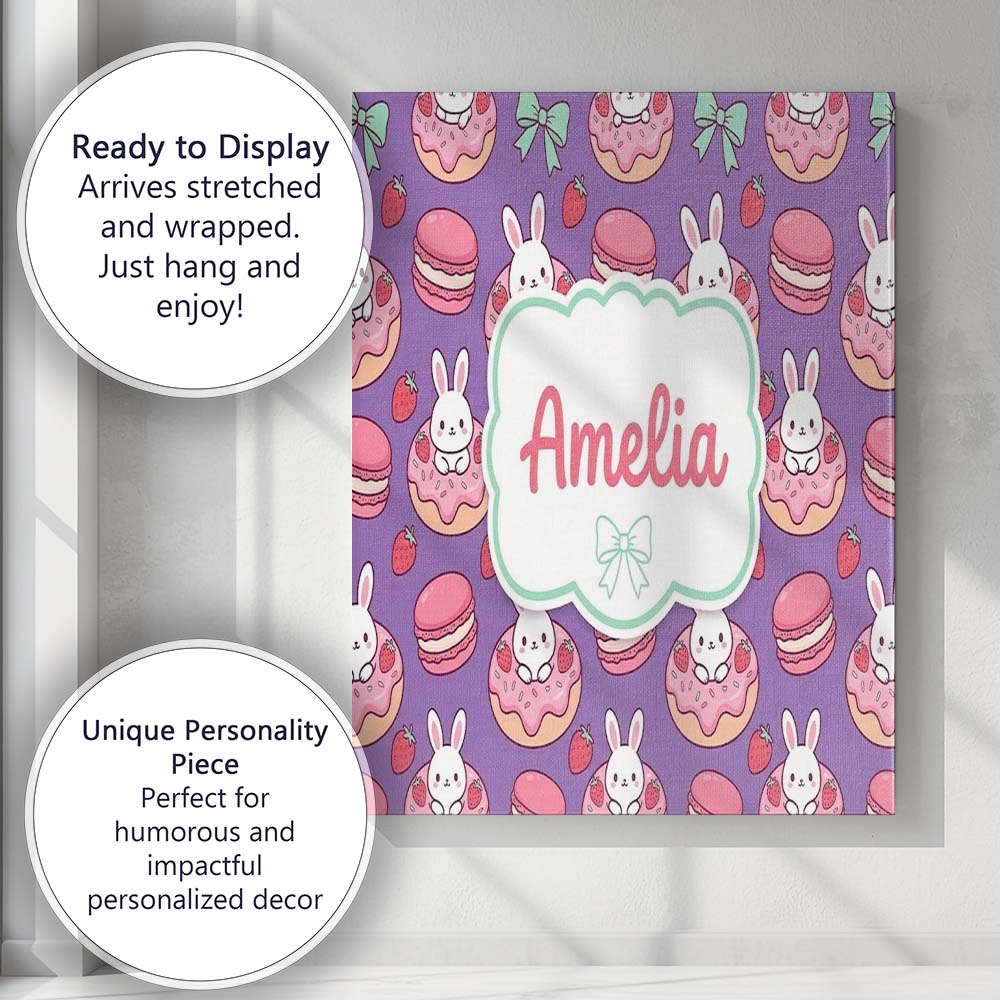 Personalised Name Cute Kawaii Bunny Donuts Custom  Unique Gift Idea Elegant Feature Canvas Wall Art Print Decor Picture Ready to Hang