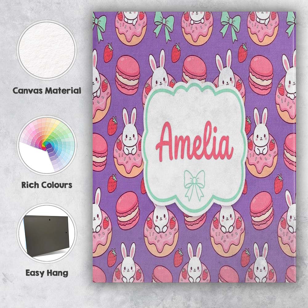 Personalised Name Cute Kawaii Bunny Donuts Custom  Unique Gift Idea Elegant Feature Canvas Wall Art Print Decor Picture Ready to Hang