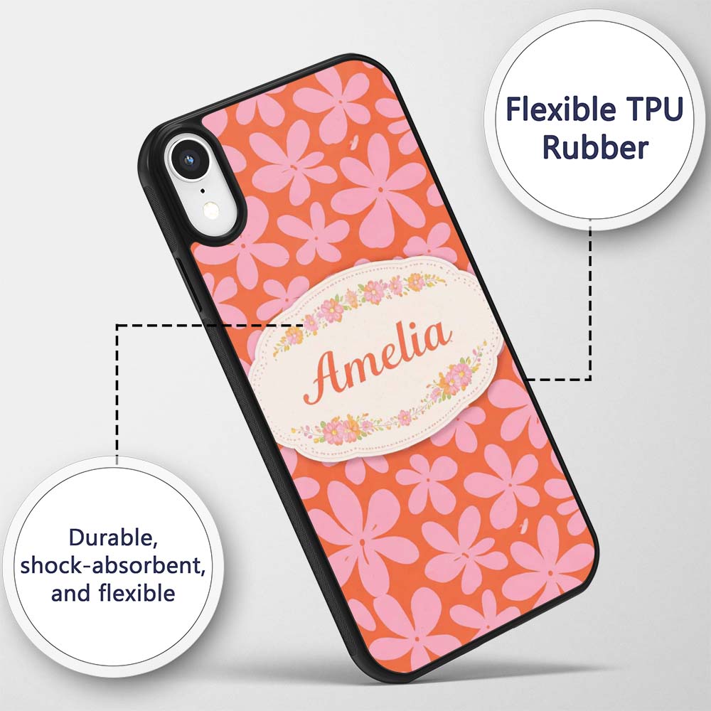 Bold Pink Floral Retro Orange Background Seamless Custom Name Protective Phone Case Mobile Cover Durable Everyday Smartphone Shock Resistant