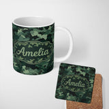 Personalized Custom Name Deep Forest Green Camouflage Modern Seamless Pattern Lovely 11oz Ceramic Coffee Tea Mug White Large Handle