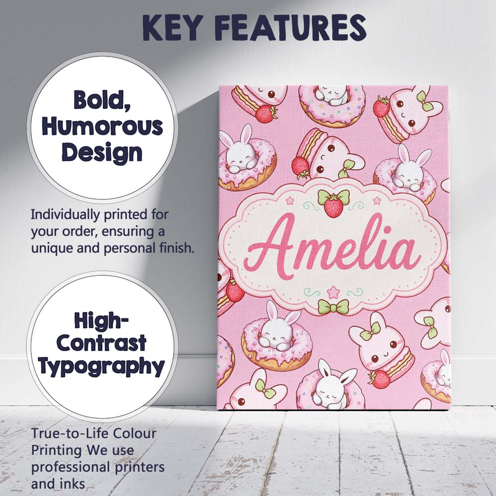 Personalised Name Cute Kawaii Bunny Donuts Custom  Unique Gift Idea Elegant Feature Canvas Wall Art Print Decor Picture Ready to Hang