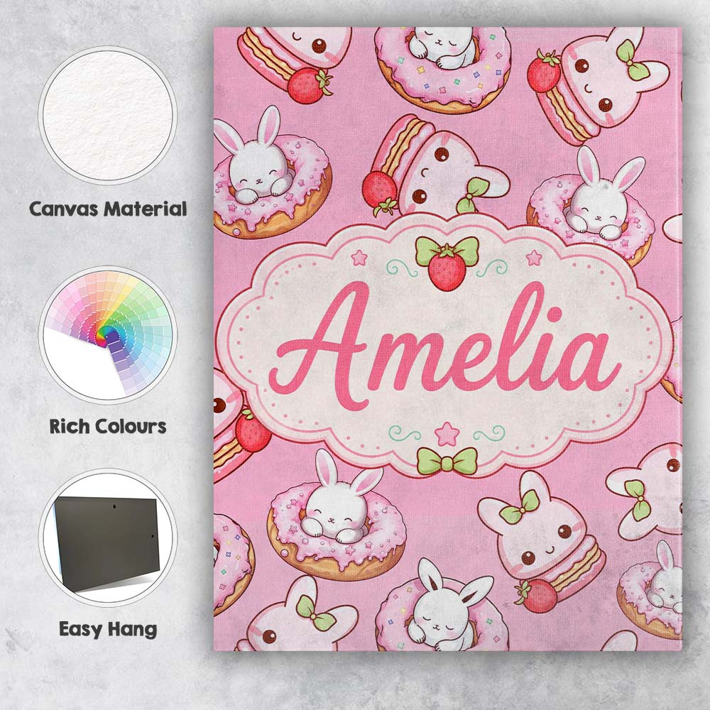Personalised Name Cute Kawaii Bunny Donuts Custom  Unique Gift Idea Elegant Feature Canvas Wall Art Print Decor Picture Ready to Hang