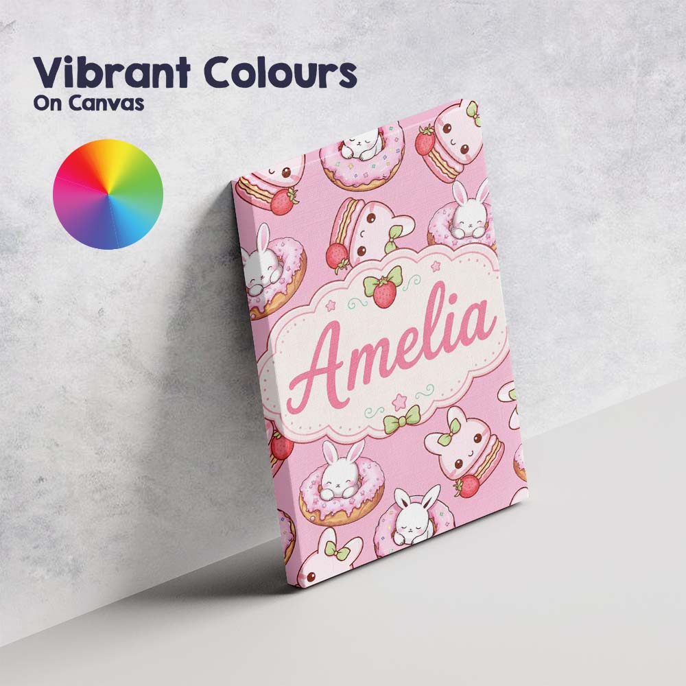 Personalised Name Cute Kawaii Bunny Donuts Custom  Unique Gift Idea Elegant Feature Canvas Wall Art Print Decor Picture Ready to Hang