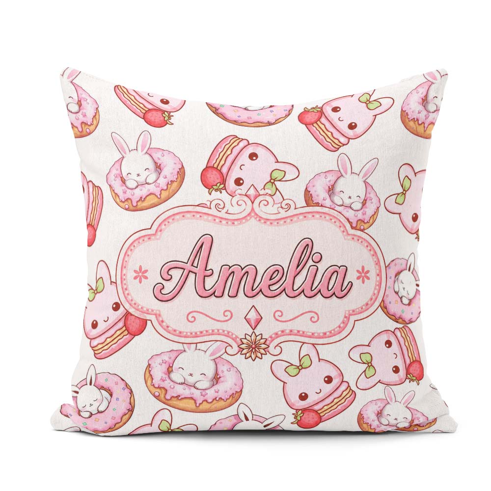 Custom Name Cute Kawaii Bunny Donuts Dessert Pattern Light Grey Square Filled Cushion Throw Pillow Sofa Bed Home Decor Zip Washable UK Made