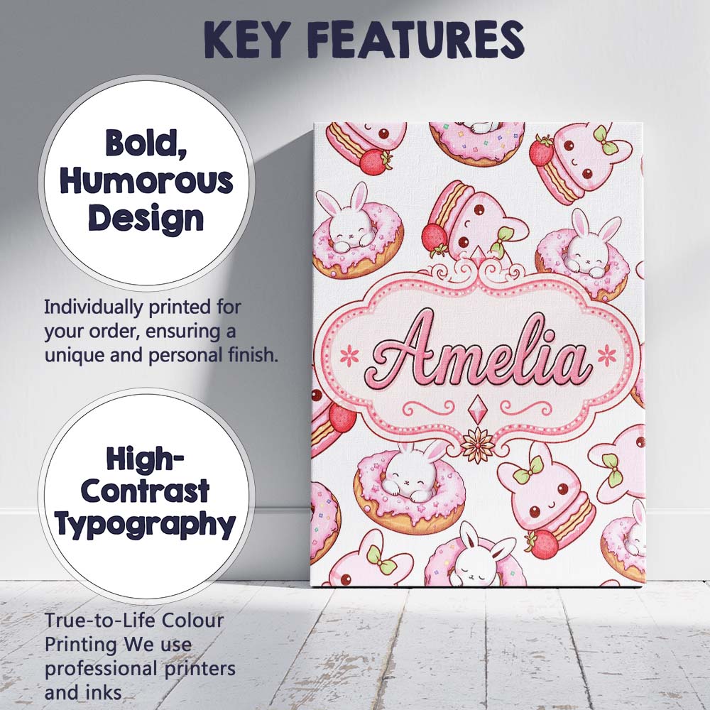 Personalised Name Cute Kawaii Bunny Donuts Custom  Unique Gift Idea Elegant Feature Canvas Wall Art Print Decor Picture Ready to Hang