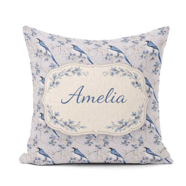 Custom Name Blue Jay Bird Floral Vine Seamless Pattern Botanical Square Filled Cushion Throw Pillow Sofa Bed Home Decor Zip Washable UK Made