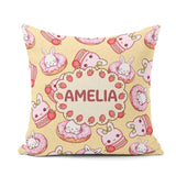 Custom Name Kawaii Bunny Donuts Strawberry Dessert Pastel Yellow Square Filled Cushion Throw Pillow Sofa Bed Home Decor Zip Washable UK Made
