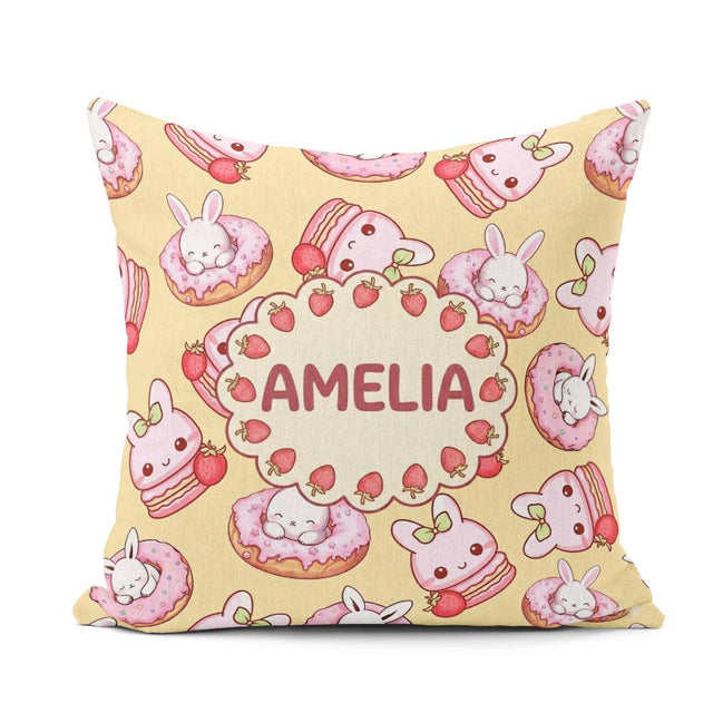 Custom Name Kawaii Bunny Donuts Strawberry Dessert Pastel Yellow Square Filled Cushion Throw Pillow Sofa Bed Home Decor Zip Washable UK Made