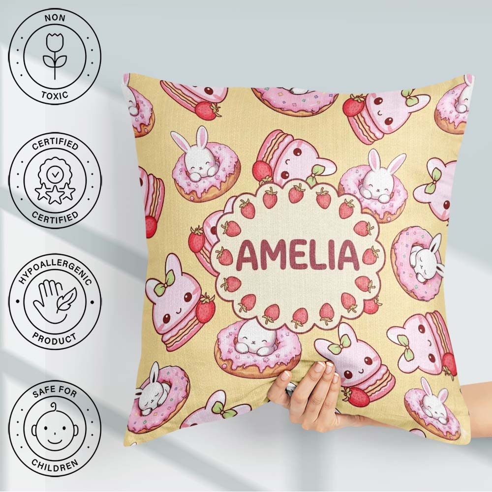 Custom Name Kawaii Bunny Donuts Strawberry Dessert Pastel Yellow Square Filled Cushion Throw Pillow Sofa Bed Home Decor Zip Washable UK Made