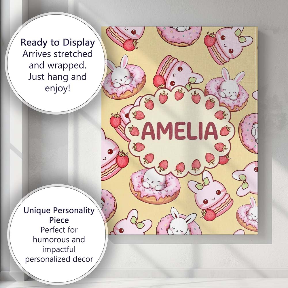 Personalised Name Cute Kawaii Bunny Donuts Custom  Unique Gift Idea Elegant Feature Canvas Wall Art Print Decor Picture Ready to Hang