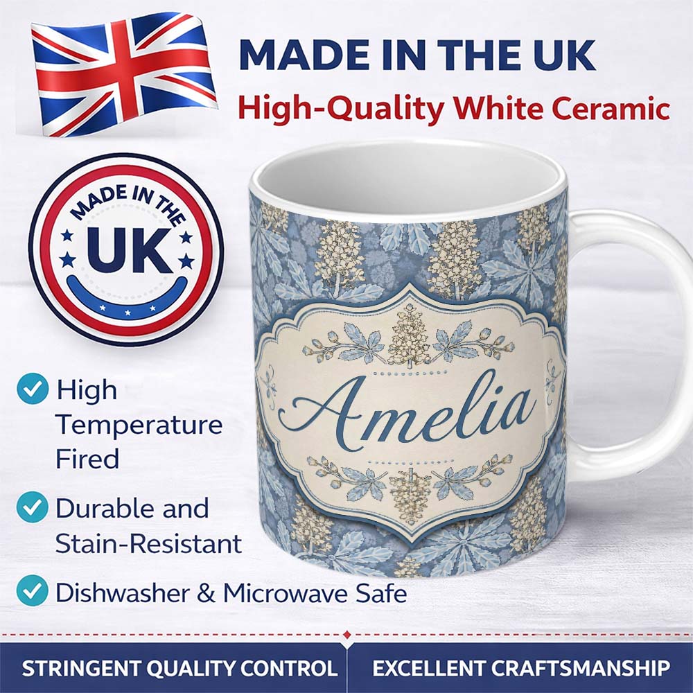 Personalized Custom Name Vintage Botanical Leaf Floral Blue Tone Seamless Pattern Lovely 11oz Ceramic Coffee Tea Mug White Large Handle