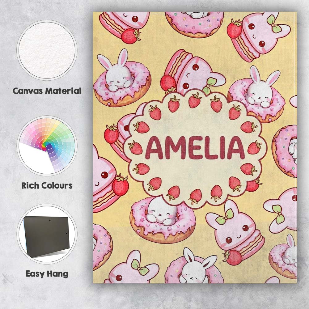 Personalised Name Cute Kawaii Bunny Donuts Custom  Unique Gift Idea Elegant Feature Canvas Wall Art Print Decor Picture Ready to Hang