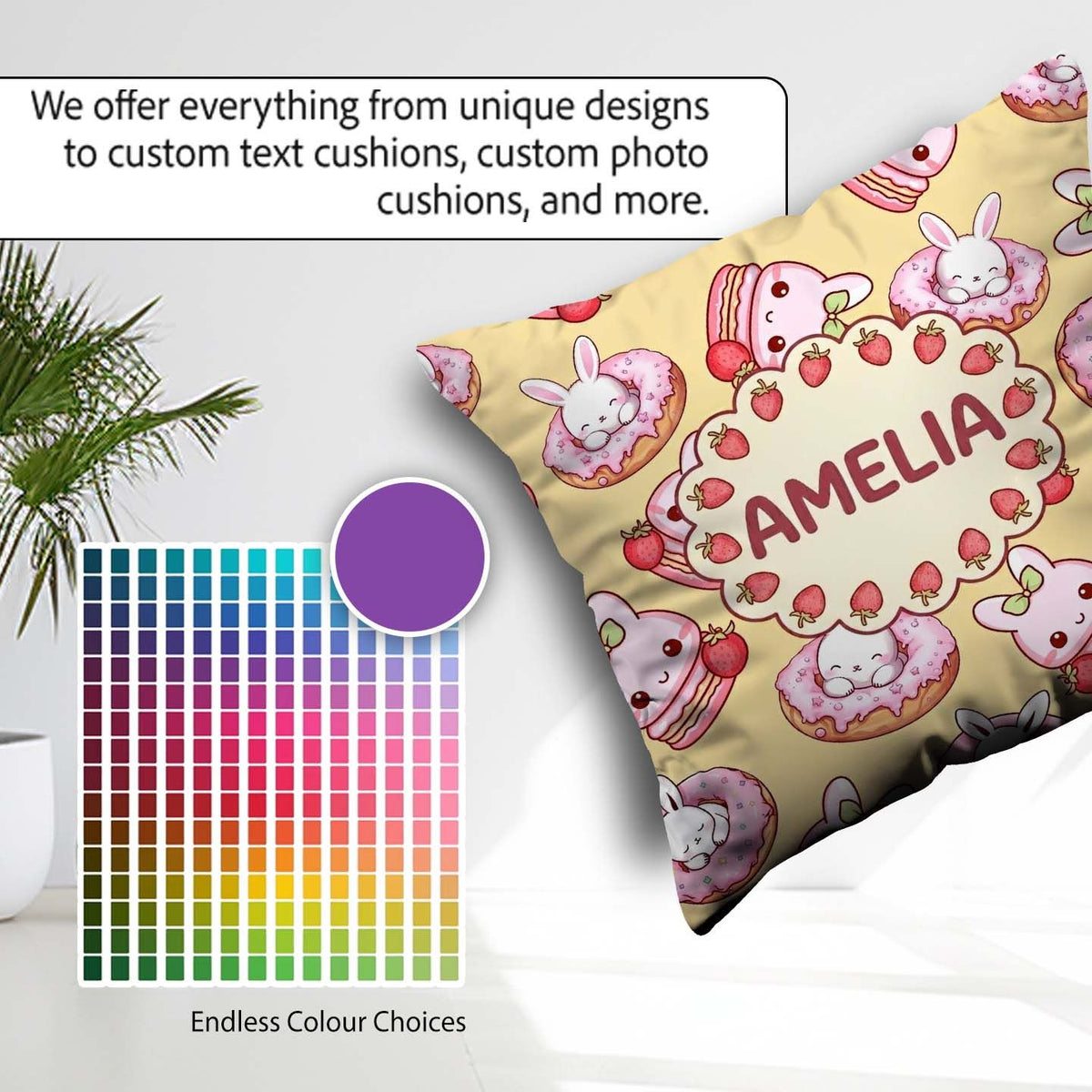 Custom Name Kawaii Bunny Donuts Strawberry Dessert Pastel Yellow Square Filled Cushion Throw Pillow Sofa Bed Home Decor Zip Washable UK Made