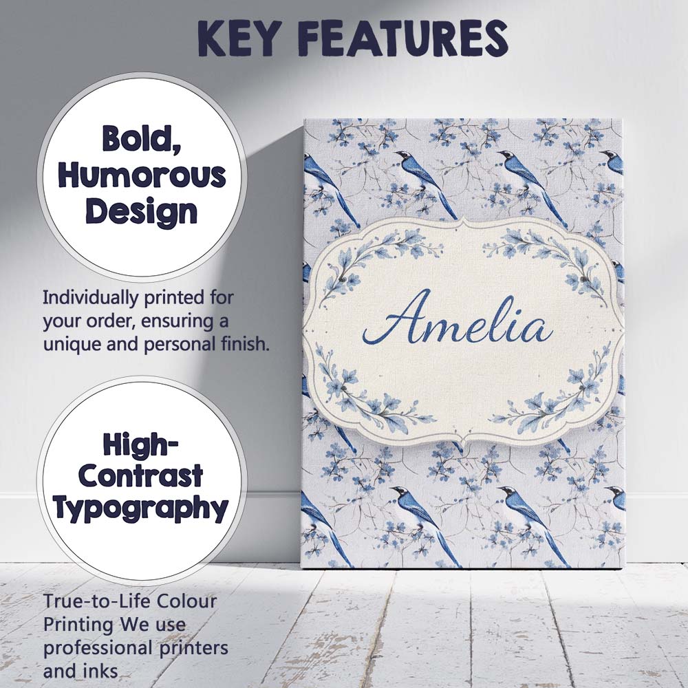 Personalised Name Blue Jay Bird Floral Vine Seamless Pattern Elegant Custom  Home Canvas Wall Art Print Decor Picture Ready to Hang