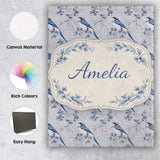 Personalised Name Blue Jay Bird Floral Vine Seamless Pattern Elegant Custom  Home Canvas Wall Art Print Decor Picture Ready to Hang