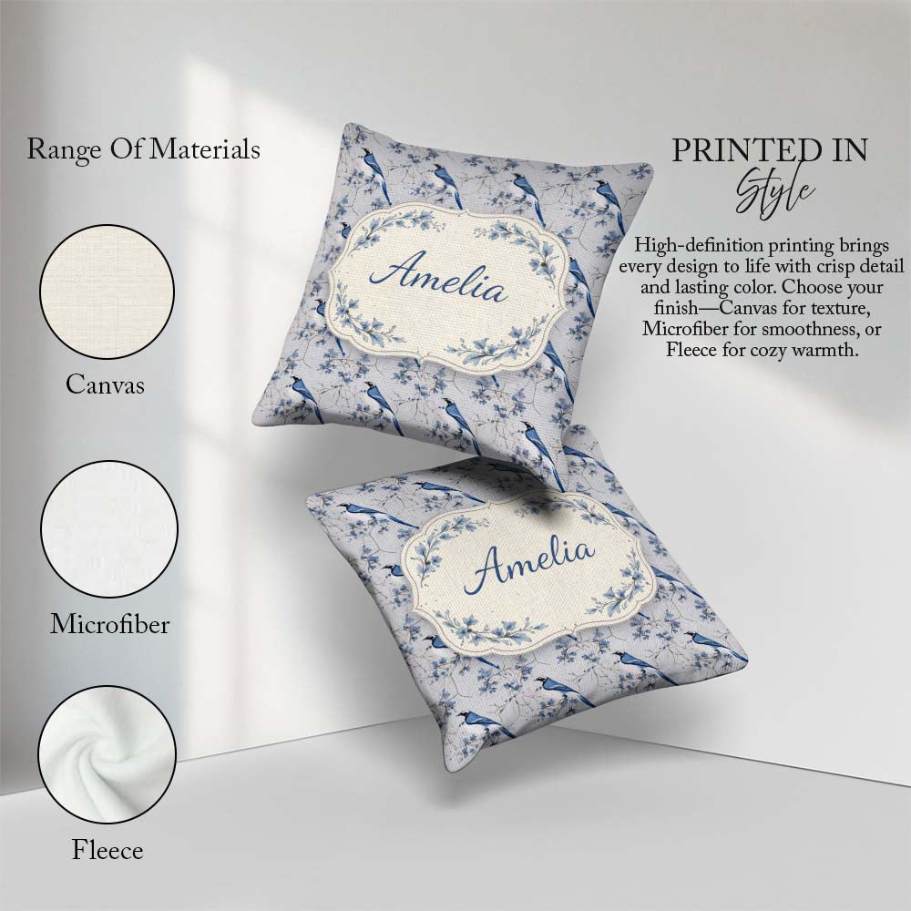 Custom Name Blue Jay Bird Floral Vine Seamless Pattern Botanical Square Filled Cushion Throw Pillow Sofa Bed Home Decor Zip Washable UK Made