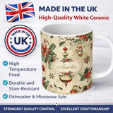 Personalized Custom Name Elegant Christmas Poinsettia Holly Berries and Ornaments Seamless 11oz Ceramic Coffee Tea Mug White Large Handle