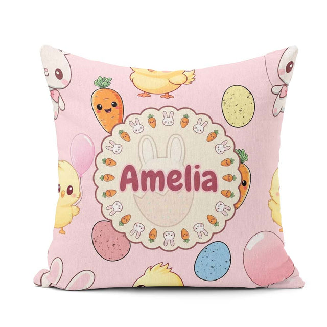 Custom Name Cute Easter Bunny Chick Eggs Carrot Seamless Pattern Square Filled Cushion Throw Pillow Sofa Bed Home Decor Zip Washable UK Made