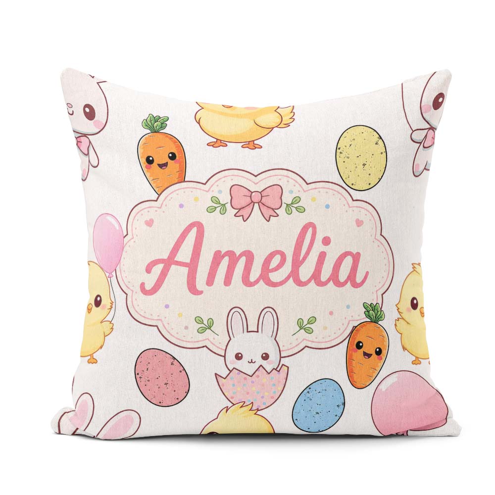 Custom Name Cute Easter Bunny Chick Eggs Polka Dot Seamless Grey Square Filled Cushion Throw Pillow Sofa Bed Home Decor Zip Washable UK Made