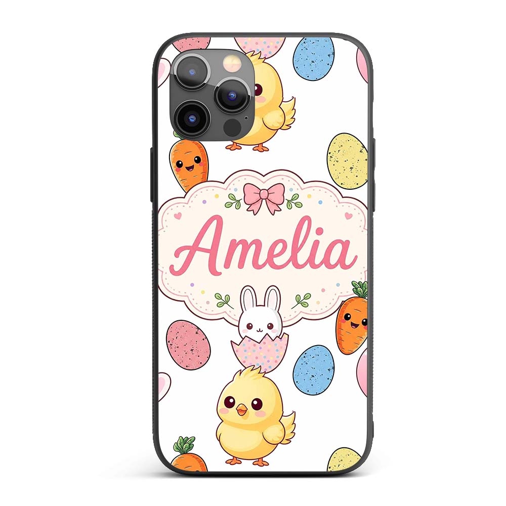 Cute Easter Bunny Chick Carrots Eggs Polka Dot Custom Name Protective Phone Case Mobile Cover Durable Everyday Smartphone Shock Resistant